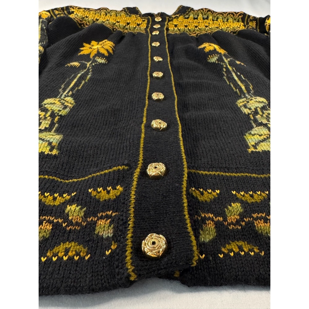 Maureen Goldie Design Scotland Black Floral Fair Isle Smocked Cardigan Sweater - Picture 4 of 11